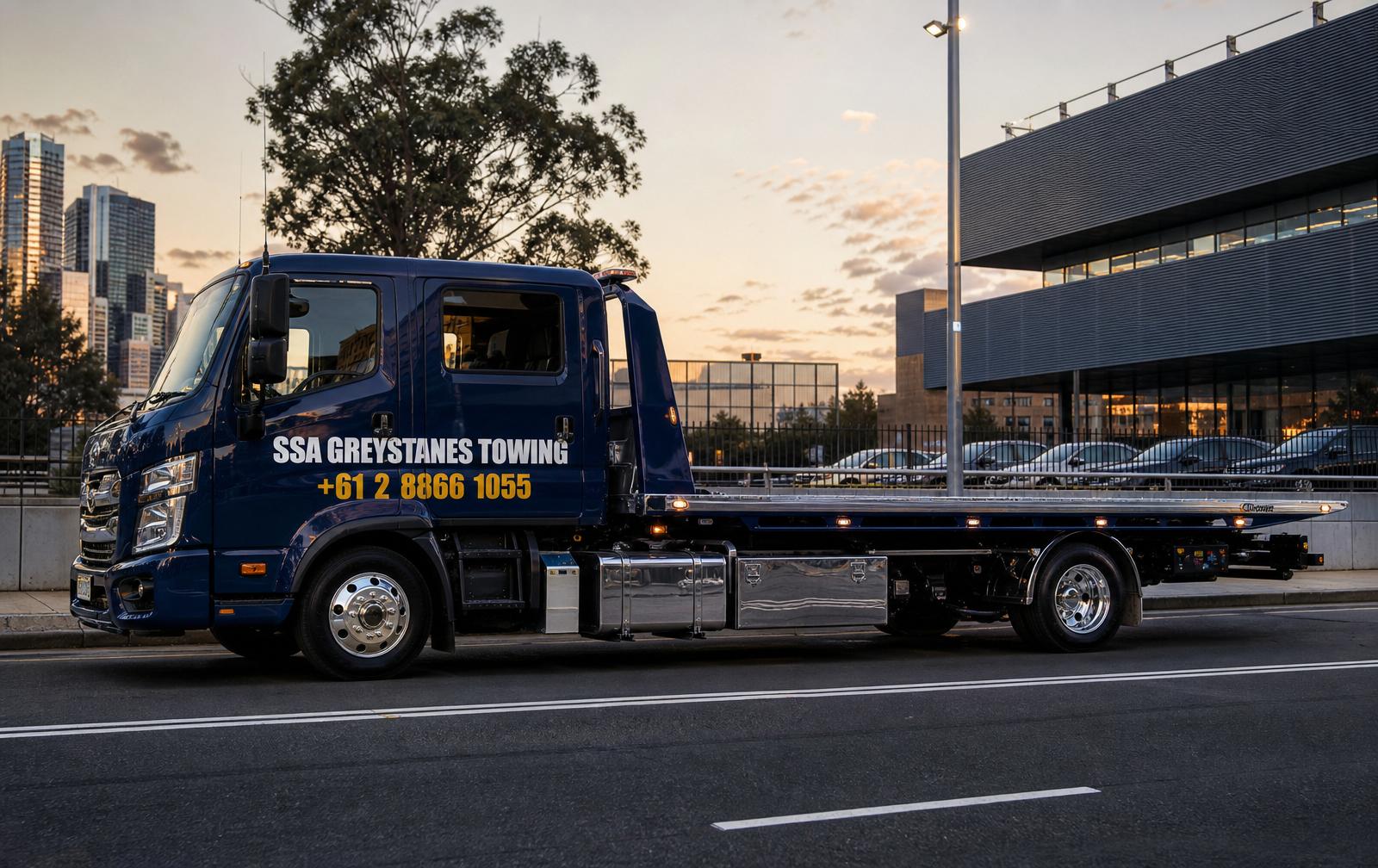 SSA Greystanes Towing flatbed tow truck with phone number 02 8866 1055